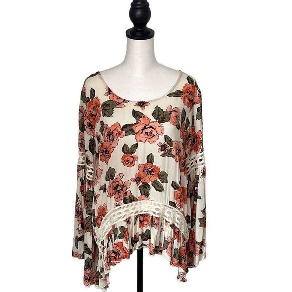 Laurie Felt Floral Drapey‎ Blouse Crochet Size Medium Cream Pink - Picture 1 of 9